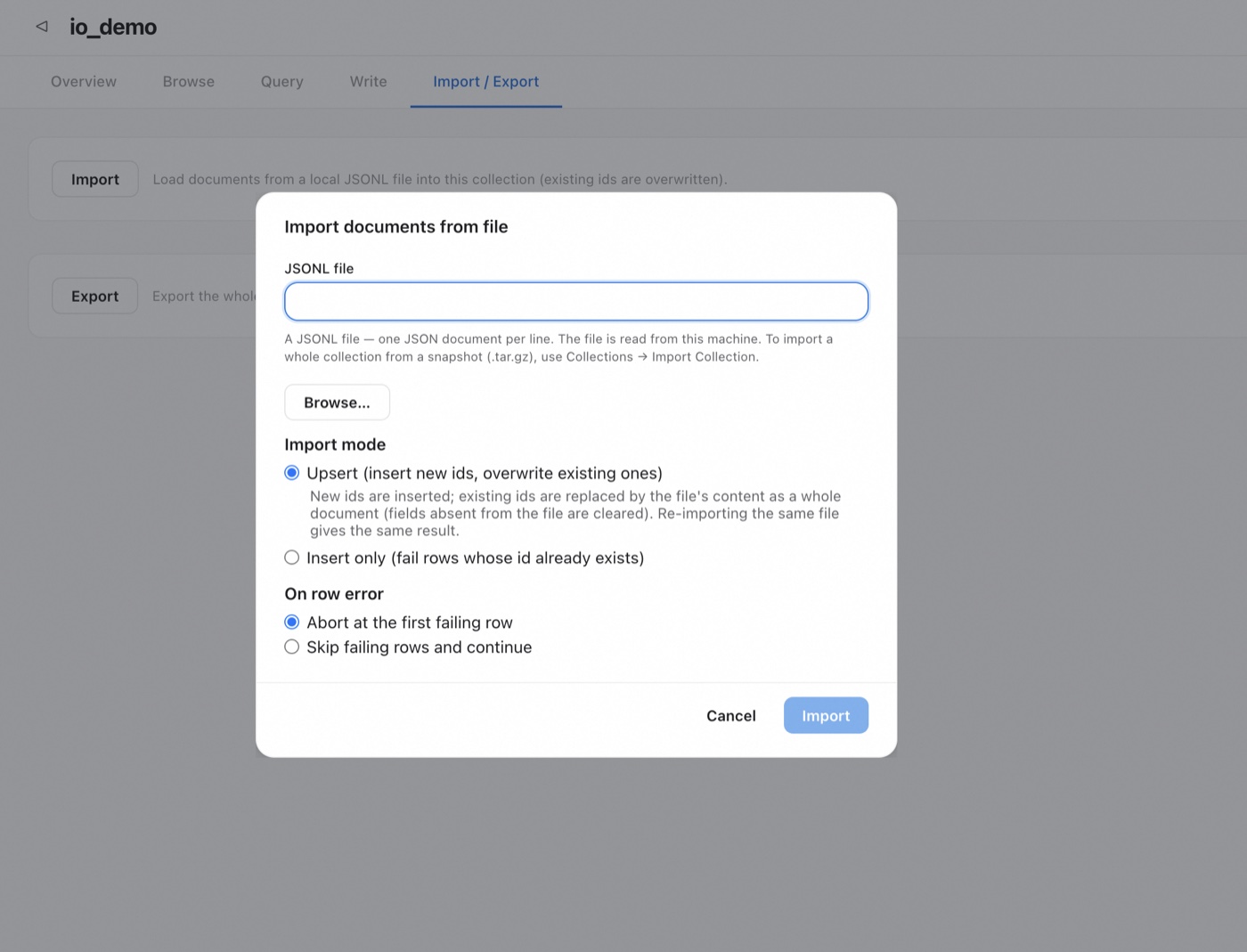 Zvec Studio import dialog: JSONL file, import mode, and row-error policy